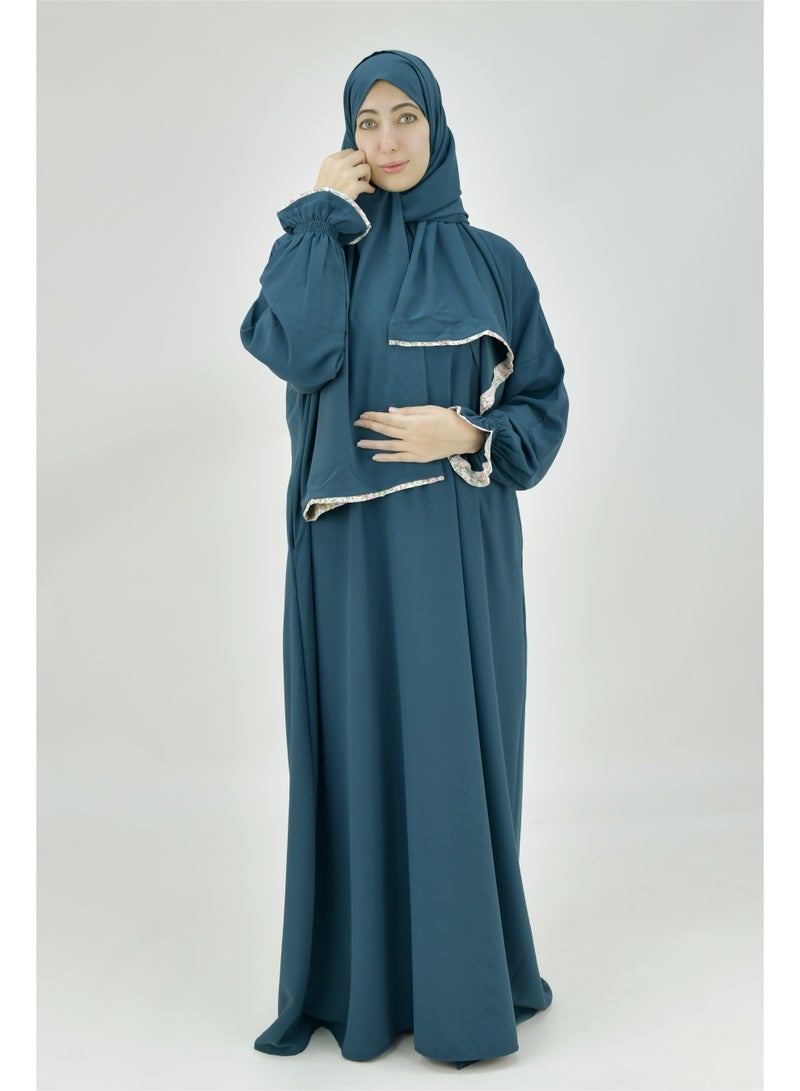  داماس كولكشن باس صلاة نسائي قطعة واحدة من قماش كريب فوكا فاخر مع وشاح متصل وجيب – ملابس صلاة شرعية مريحة - Image 1